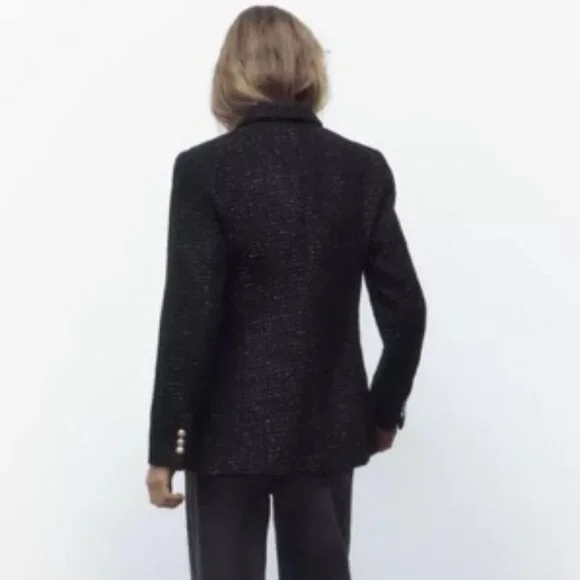 ZARA WOMEN NEW DOUBLE BREASTED TEXTURED WEAVE JACKET BLAZER GOLD Button 3046/269 - Picture 3 of 3